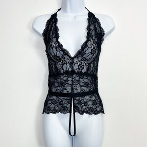 Mapale Crotchless Bodysuit Womens Large Black Lace Sheer Lingerie Halter NWT NEW